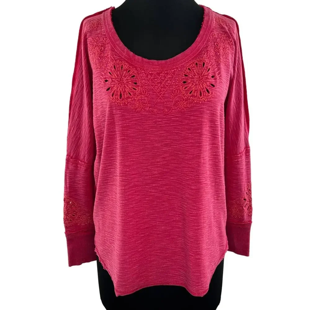 Free People Intimately Pink Long Sleeve Eyelet Back Cut-Out Cotton Top Size XS